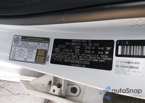 2022 Kia Forte Gt-Line z USA, uszkodzony, nr VIN 3KPF54AD9NE472006